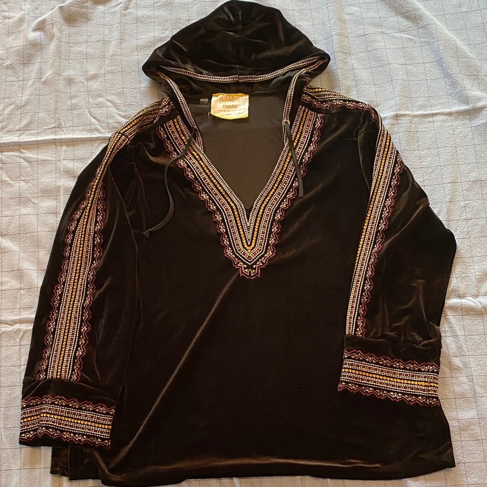 Embroidered Velour Hooded Pullover - Black with Gold & Burgundy Accents
